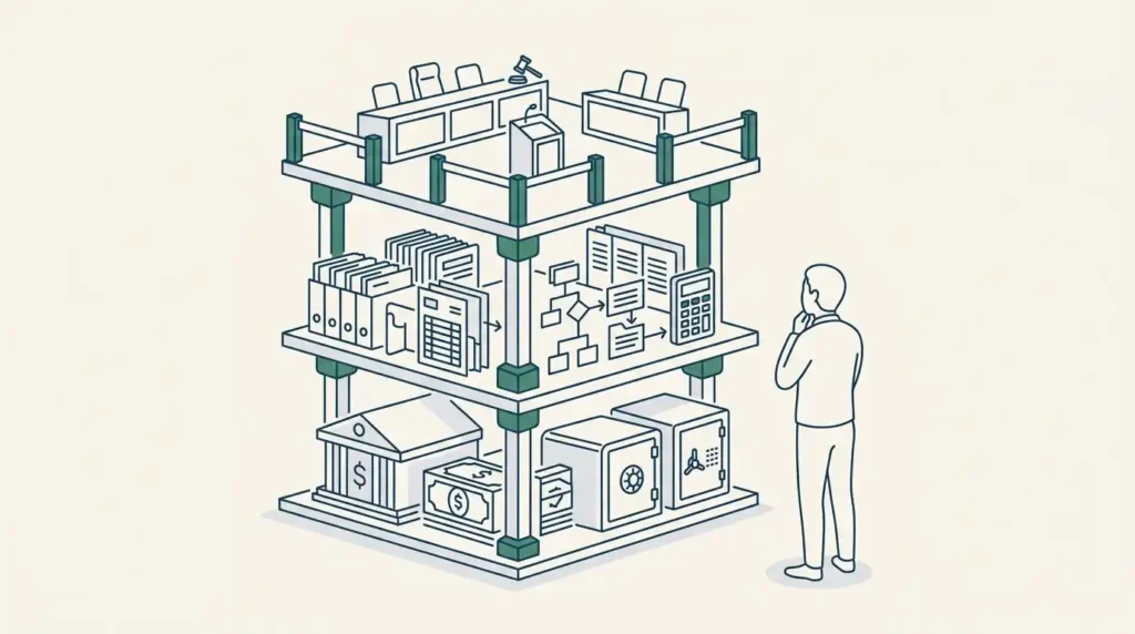 Diagrama dos três níveis de segregação patrimonial: bancária, contábil e regulamentar